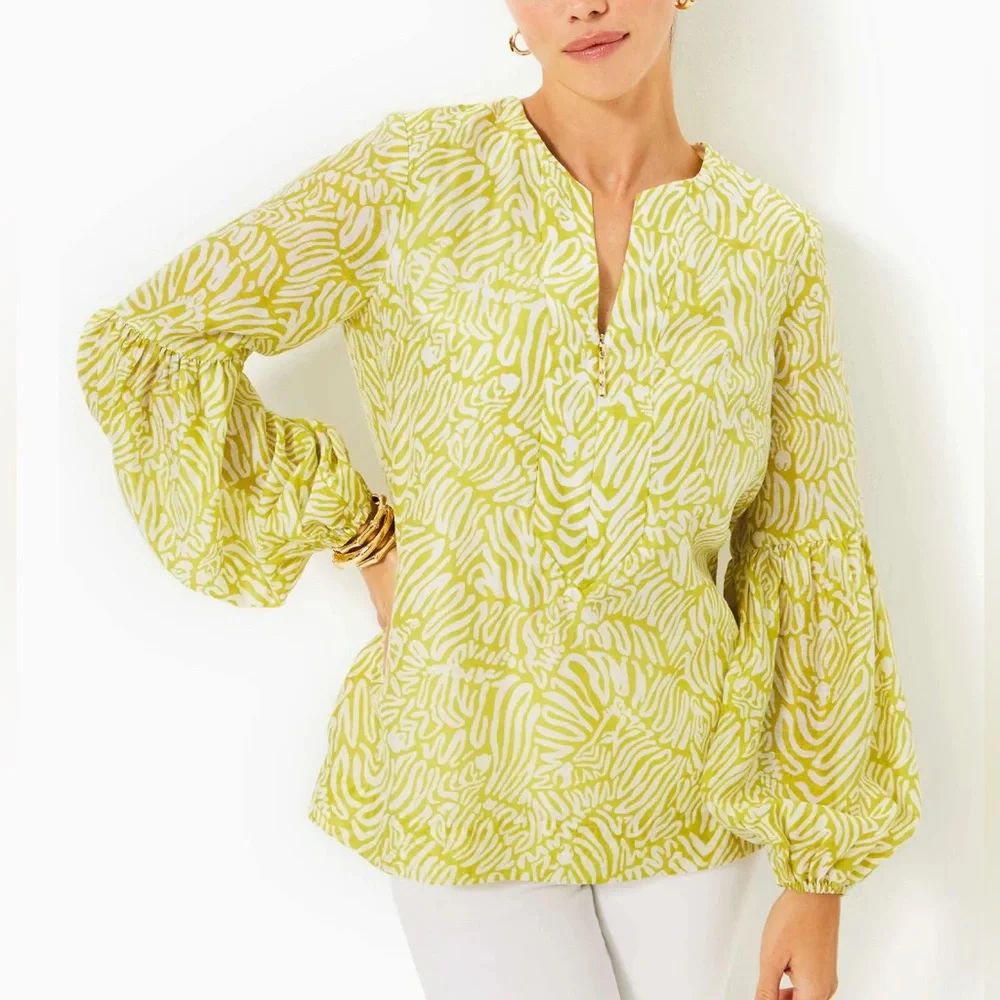 Lilly Pulitzer Laurelie Top Jardin Green Zee Bebe Preppy Resort Linen Size 10